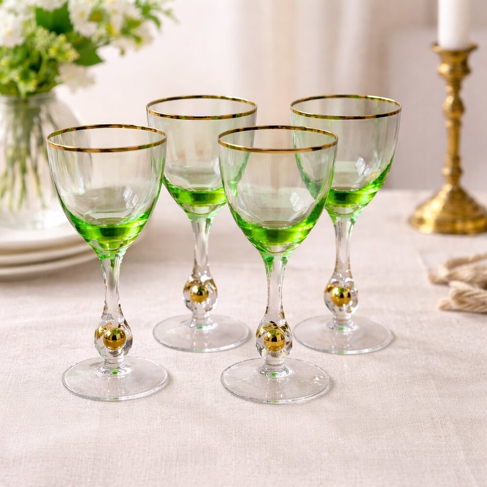 Vintage Bohemian Green Fade Gold Ball Zlatá Zuzana Wine Glasses, Set of 4